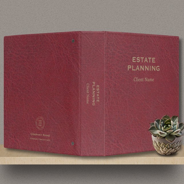 Classeur Planification de succession Nom du client Logo Cui (Estate Planning Client Name Logo Burgundy Red Leather Binder with Company Name, Logo, Client Name.)