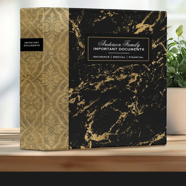 Classeur Planification successorale de documents importants (an elegant black and gold marble important documents estate planning binder)