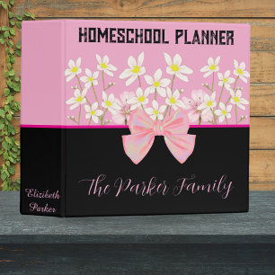Classeur Planneur d'école rose et noire Floral avec nom