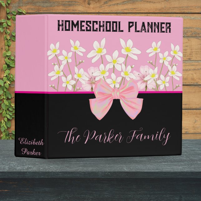 Classeur Planneur d'école rose et noire Floral avec nom (Créateur téléchargé)