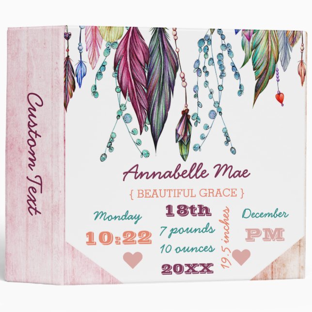 Classeur Plumes et bois Boho Birth Stats Baby Scrapbook (Devant/Côté)