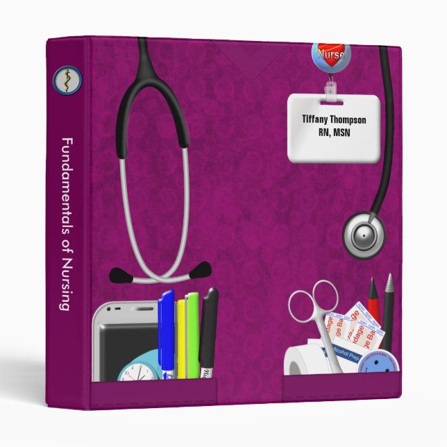 Classeur Poches Infirmières personnalisées 1 Pouce Rose Cha (Devant/Côté)