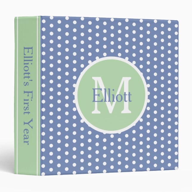 Classeur Points bleus et blancs avec monogramme vert (Devant/Côté)