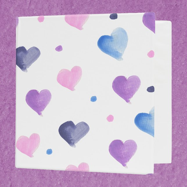 Classeur Points Coeurs Aquarelle PInk Bleu pourpre (A binder with a pattern of watercolor hearts & dots done in pink, purple and blue)