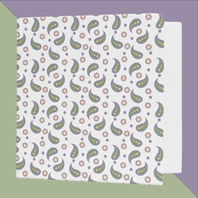 Classeur Points Fleurs Paisley Vert rose violet Motif (A binder with a pattern of paisley, flowers and dots in green, blue, purple and pink.)