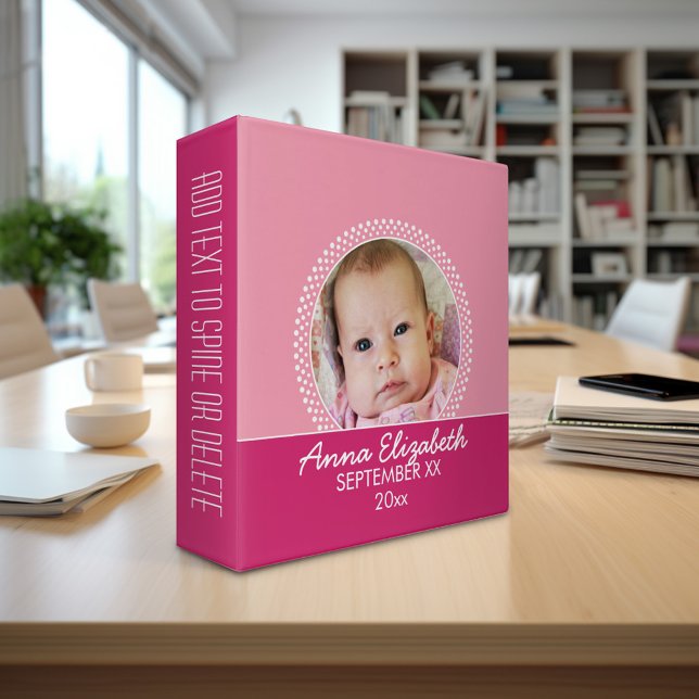 Classeur Poka rose point photo cadre bébé fille (Personalized 3-ring Binder with custom text)