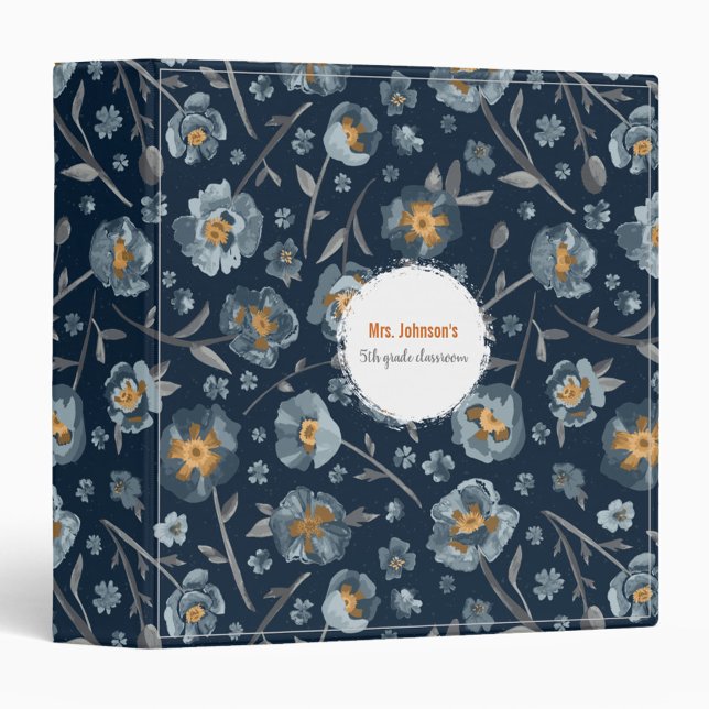 Classeur Poppies Blue Grey Jaune Poppy Floral Enseignant (Poppies Blue Gray Yellow Poppy Floral Teacher 3 Ring Binder from Studio Posies.)