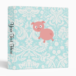 Classeur Porc rose mignon ; Damassé turquoise