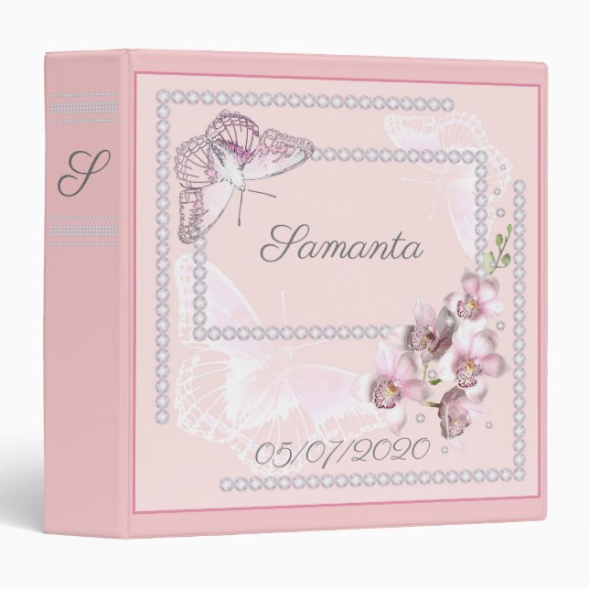 Classeur Pour fille, bébé, rose, strass, Orchidée (Devant/Côté)