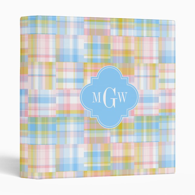 Classeur Preppy Patchwork Madras Pastel Quatrefoil Initials (Devant/Côté)
