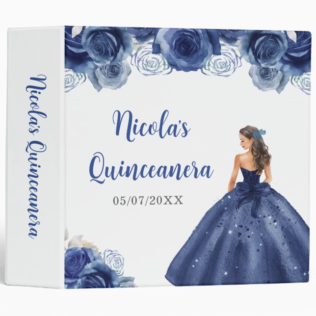 Classeur Princesse Florale en robe bleu marine Quinceanera (Devant/Côté)