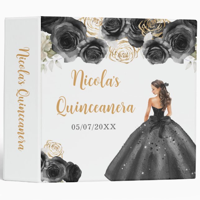 Classeur Princesse Florale en Robe Noire Quinceanera (Devant/Côté)