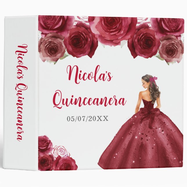 Classeur Princesse Florale en Robe Rouge Quinceanera (Devant/Côté)