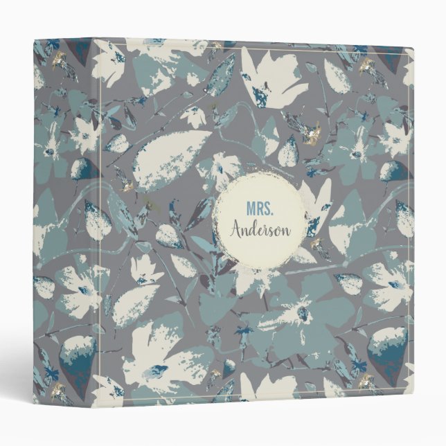 Classeur Professeur tendance Blue Grey Aquarelle Floral (Devant/Côté)