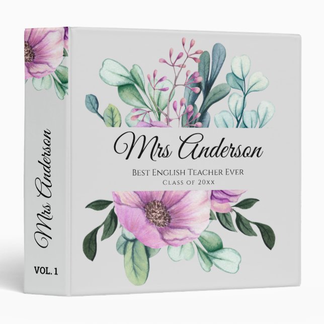 Classeur Purple Floral ENSEIGNANT Cadeau - Ajouter le nom d (Devant/Côté)