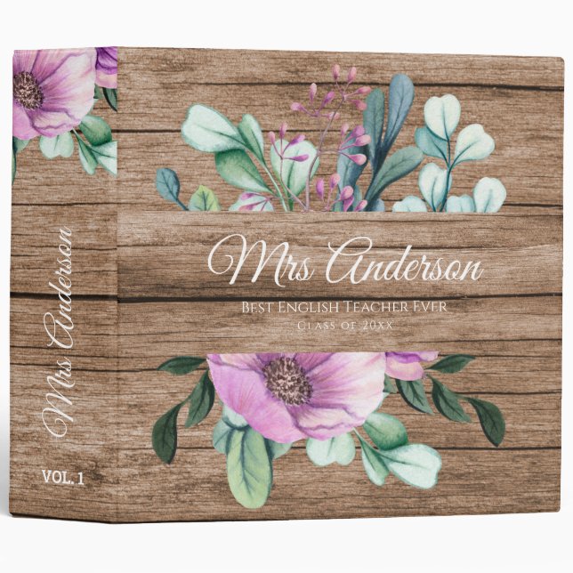Classeur Purple Floral ENSEIGNANT Cadeau - Ajouter le nom d (Devant/Côté)