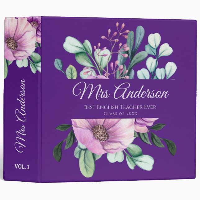 Classeur Purple Floral ENSEIGNANT Cadeau - Ajouter le nom d (Devant/Côté)