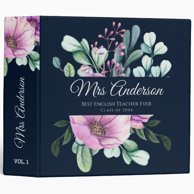 Classeur Purple Floral ENSEIGNANT Cadeau - Ajouter le nom d (Devant/Côté)