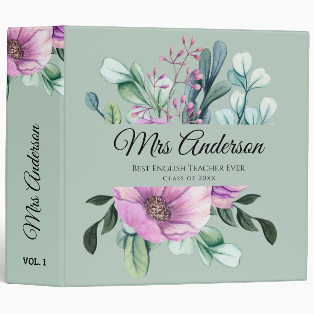 Classeur Purple Floral ENSEIGNANT Cadeau - Ajouter le nom d (Devant/Côté)
