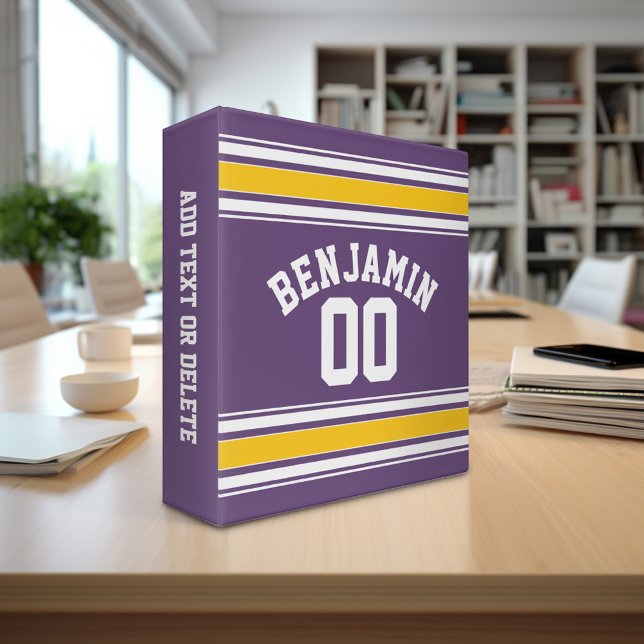 Classeur Purple Yellow Jersey Stripes Nom personnalisé Numé (Personalized 3-ring binder - sports theme with area for name and custom text)