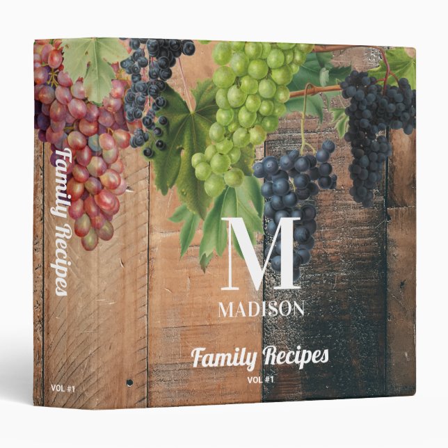 Classeur Raisin rustique Raisins de bois Monogramme Recette (Devant/Côté)
