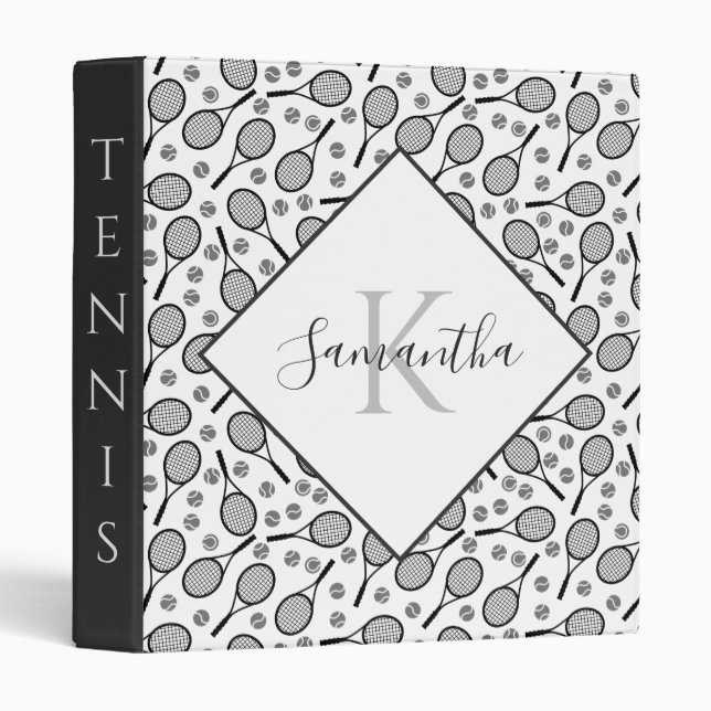 Classeur Raquettes de tennis noir & balles grises Nom perso (Devant/Côté)