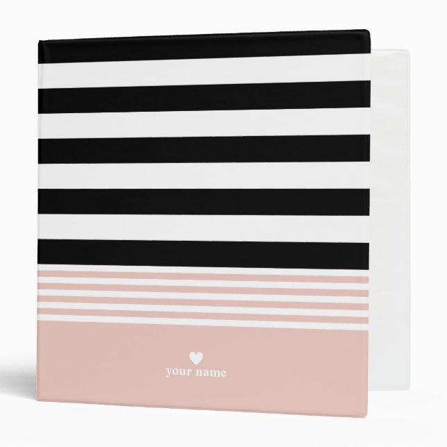 Classeur Rayé noir, blanc et rose personnalisé (Devant/Intérieur)