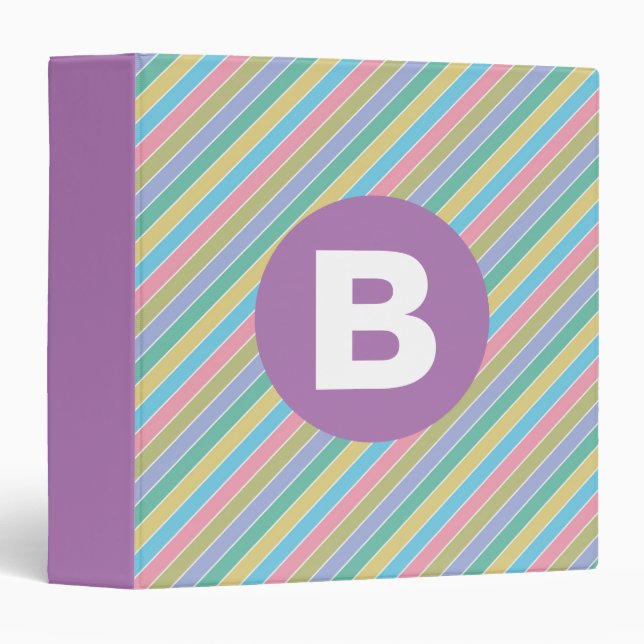 Classeur Rayures diagonales colorées de bonbons Monogramme  (Devant/Côté)