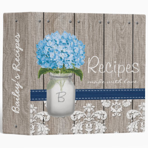 Classeur Recette bleue décorée d'un monogramme d'hortensia