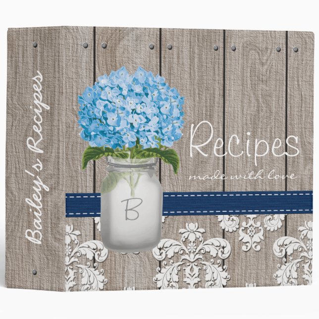 Classeur Recette bleue décorée d'un monogramme d'hortensia (Devant/Côté)