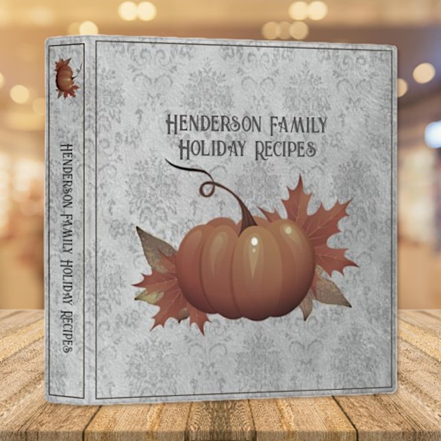 Classeur Recette Damask du Citrouille de Thanksgiving | Gri (Gray Thanksgiving Pumpkin Damask Recipe Binder)