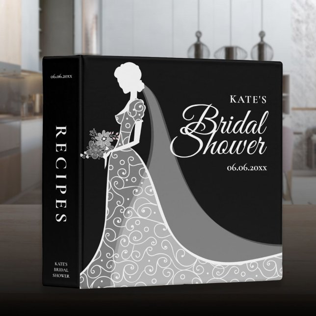Classeur Recette de Fête des mariées de dentelle noire et b (Black and White Lace Gown Bridal Shower Recipe 3 Ring Binder)
