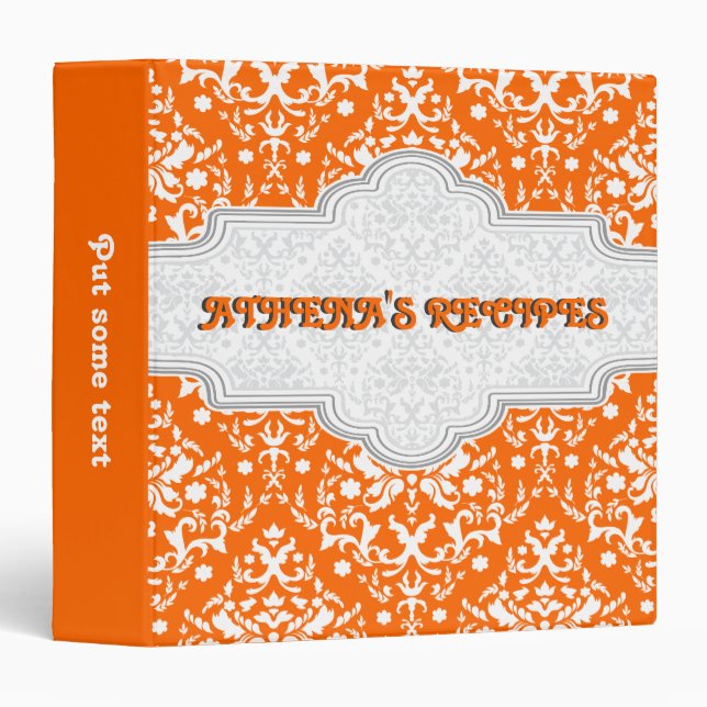 Classeur Recette de modèle Damask orange, blanc et gris (Devant/Côté)