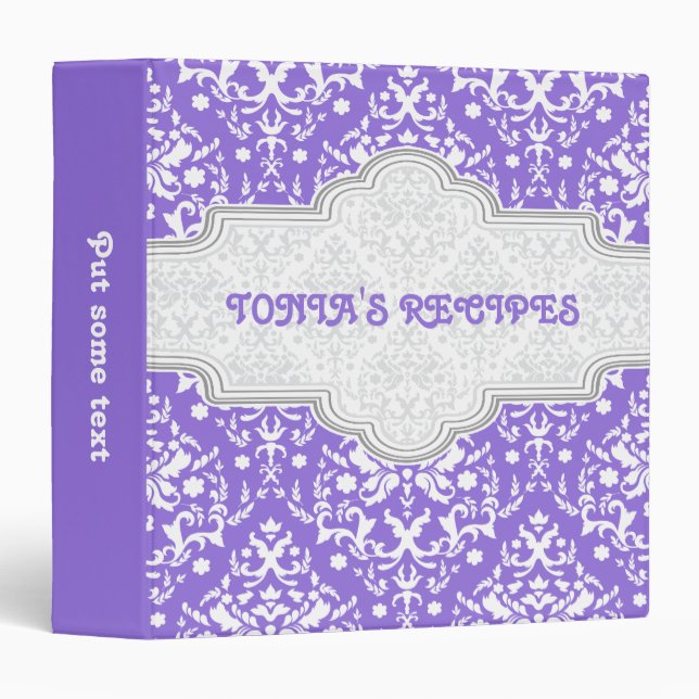 Classeur Recette de modèle Damask violet, blanc & gris (Devant/Côté)