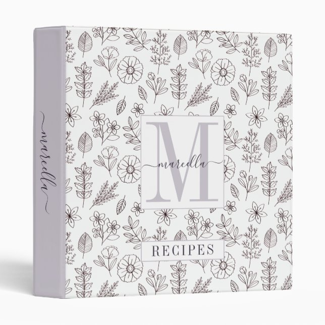Classeur Recette de modèle floral monogramme personnalisé (Devant/Côté)