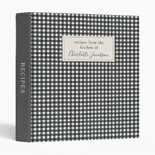 Classeur Recette de monogramme à carreaux gingham noir et b