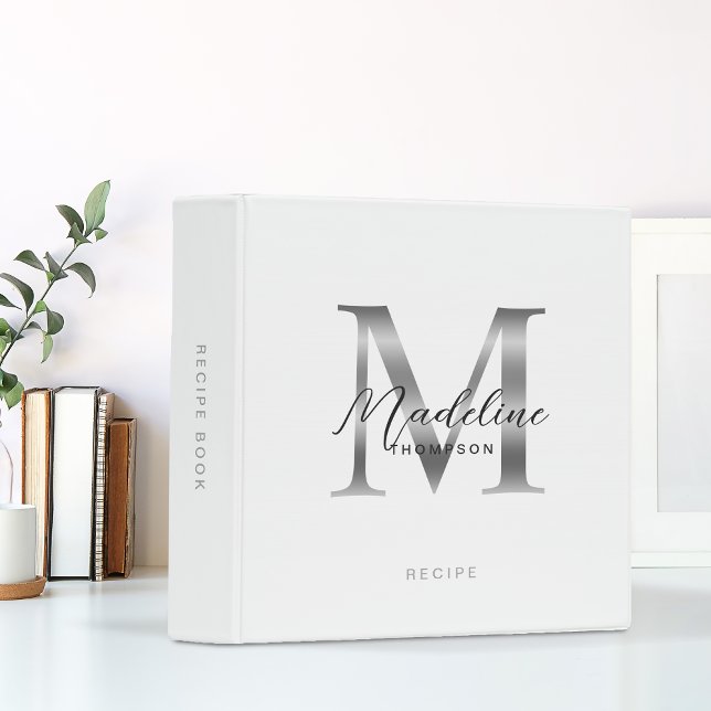 Classeur Recette de monogramme argent blanc de script minim (Créateur téléchargé)