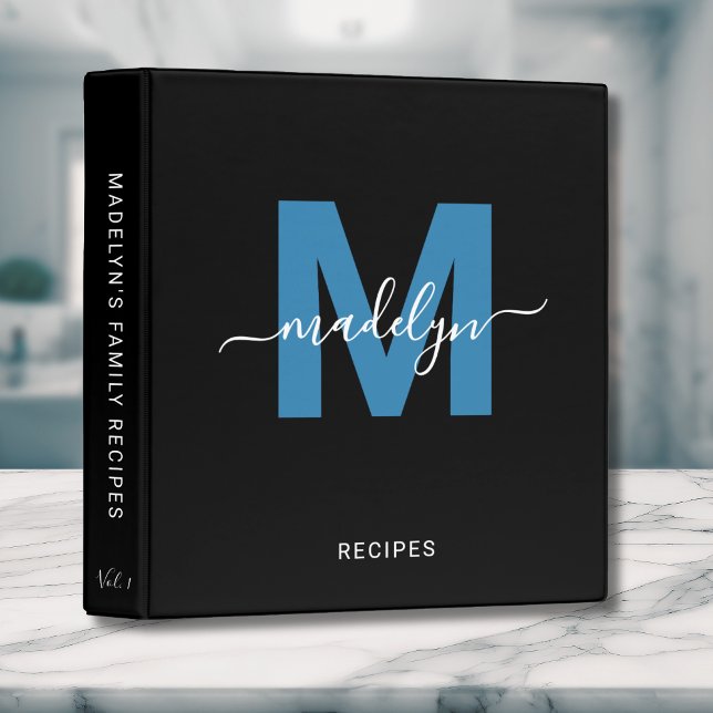 Classeur Recette de monogramme de nom de script initial élé (Elegant Initial Script Name Monogram Blue Recipe 3 ring binder )