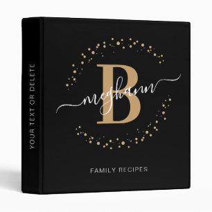 Classeur Recette de monogramme de nom moderne fille noir et