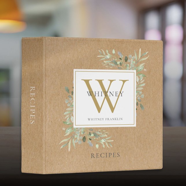 Classeur Recette de monogramme de verdure aquarelle rustiqu (Rustic Watercolor Greenery Monogram Name Recipe 3 Ring Binder)
