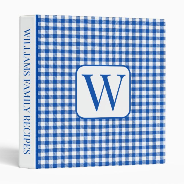 Classeur Recette de monogramme En vichy plaid bleu et blanc (Devant/Côté)