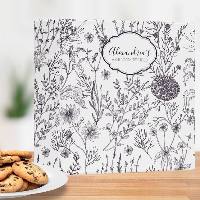 Classeur Recette de monogramme floral noir et blanc (Créateur téléchargé)