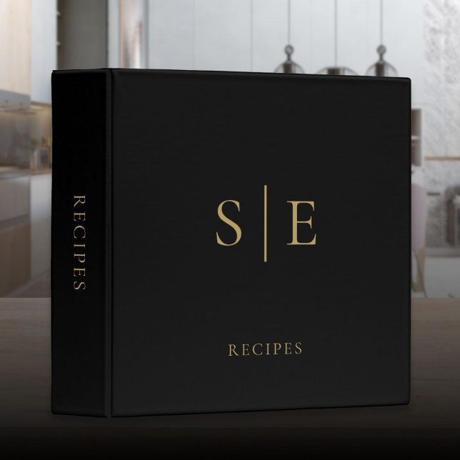 Classeur Recette de monogramme minimaliste noir et or (Black And Gold Minimalist Monogram Recipe 3 Ring Binder)