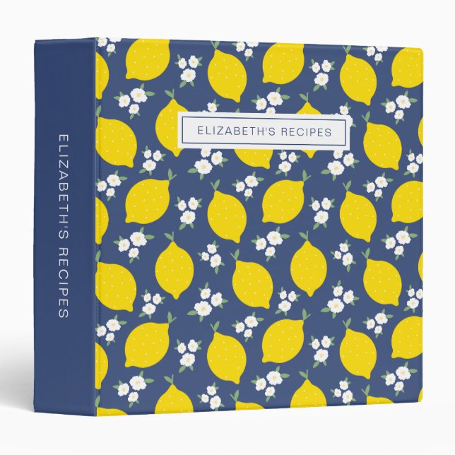 Classeur Recette de motifs floraux de citron bleu moderne (Devant/Côté)