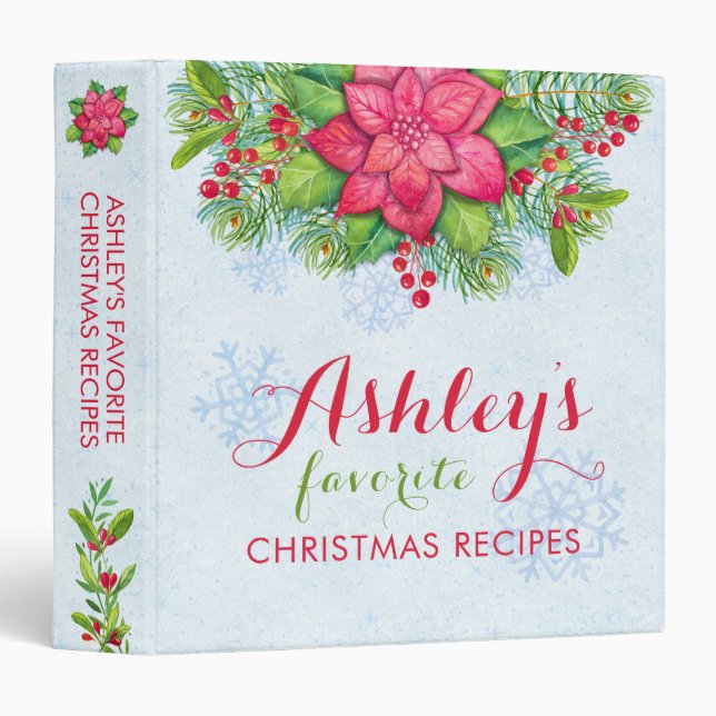 Classeur Recette de Noël Poinsettia Holly Pine Boughs (Devant/Côté)