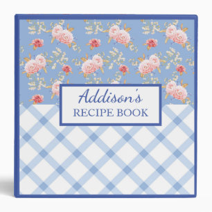 Classeur Recette de treillis bleu et de motifs floraux rose