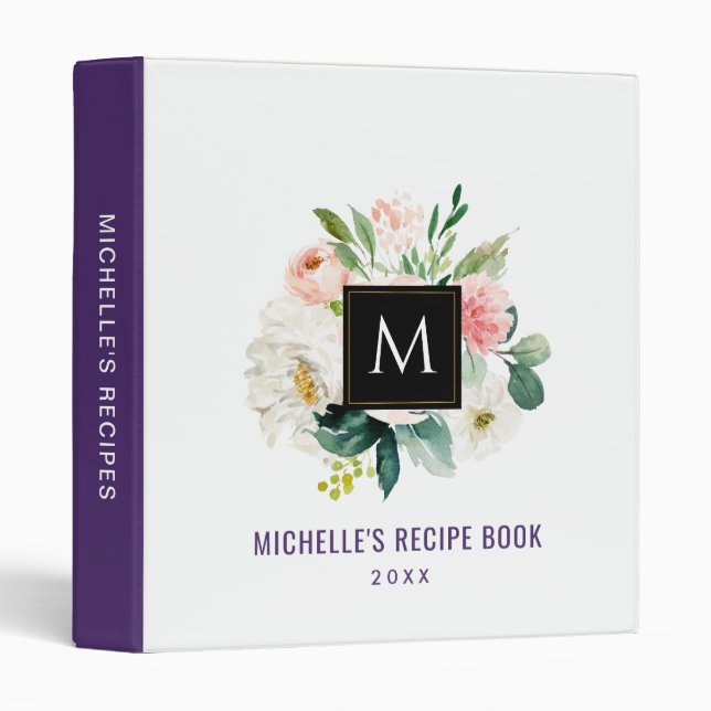 Classeur recette élégante de monogramme floral d'aquarelle  (Devant/Côté)