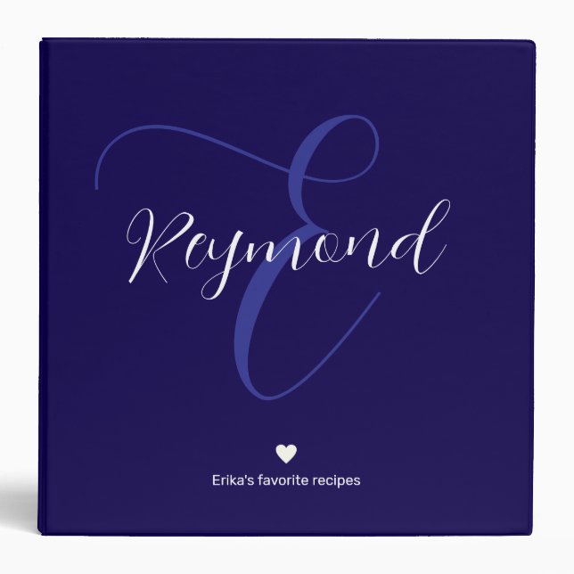 Classeur Recette Élégante Script Monogramme Bleu (Devant)