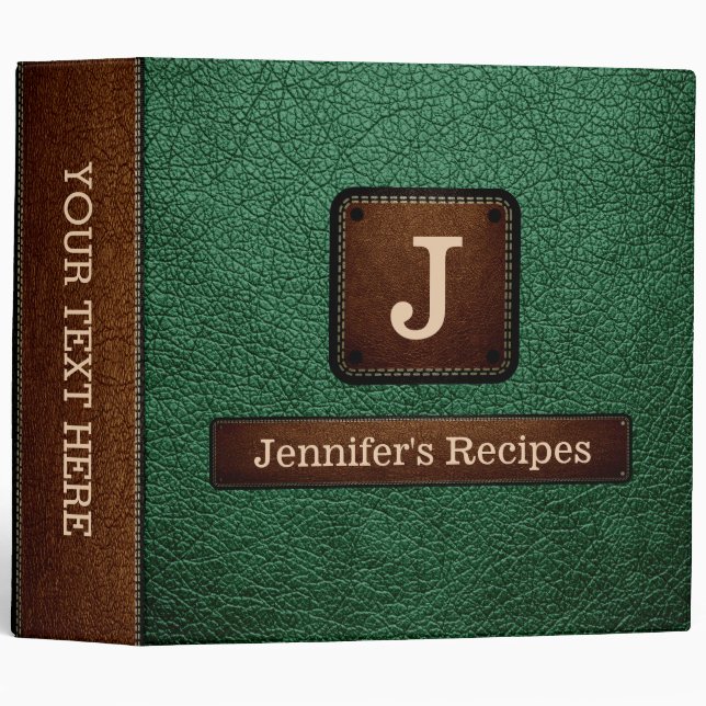 Classeur Recette élégante verte simili cuir (Devant/Côté)