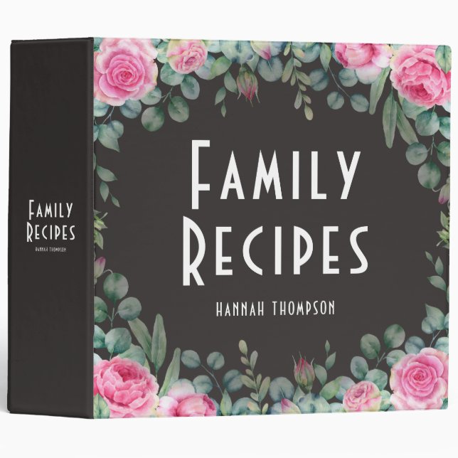 Classeur Recette familiale personnalisée Chic rose floral r (Devant/Côté)